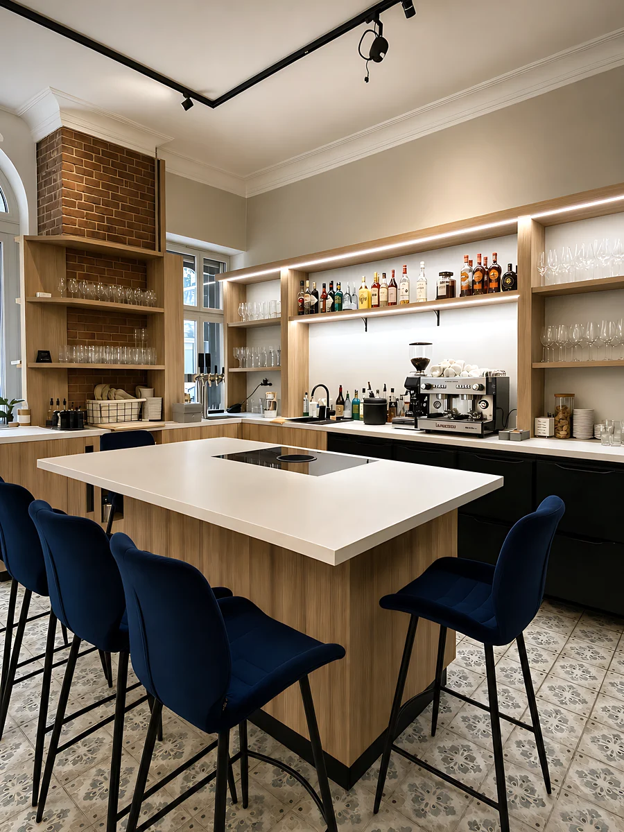 Langer schmaler Caféraum mit Holztheke und Glasvitrine in der Mitte, daneben offene Regale