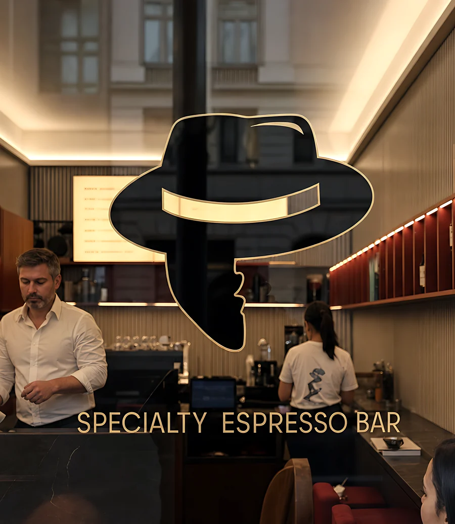 Blick durch die Glastür einer Espresso-Bar auf Theke und Gäste im Inneren